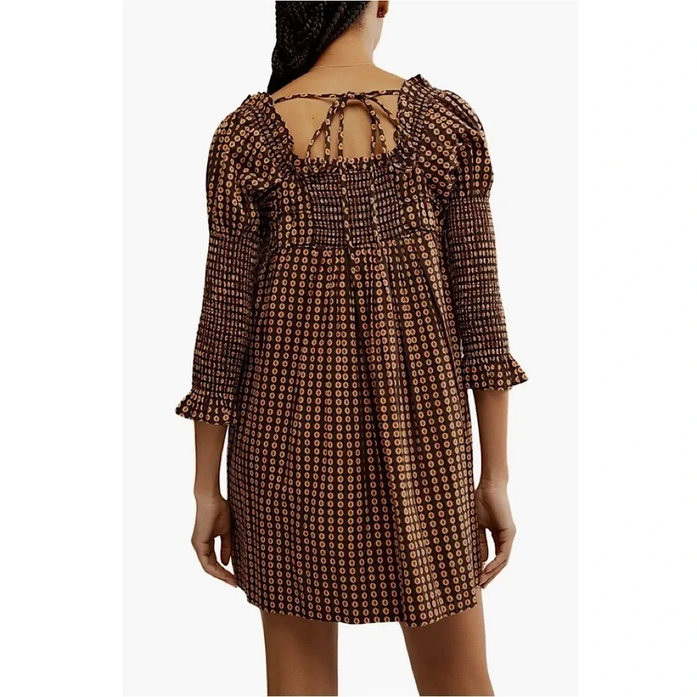 Free People Brown Geometric Print Smocked Sleeve Mini Dress Square‎ Neck SMALL
